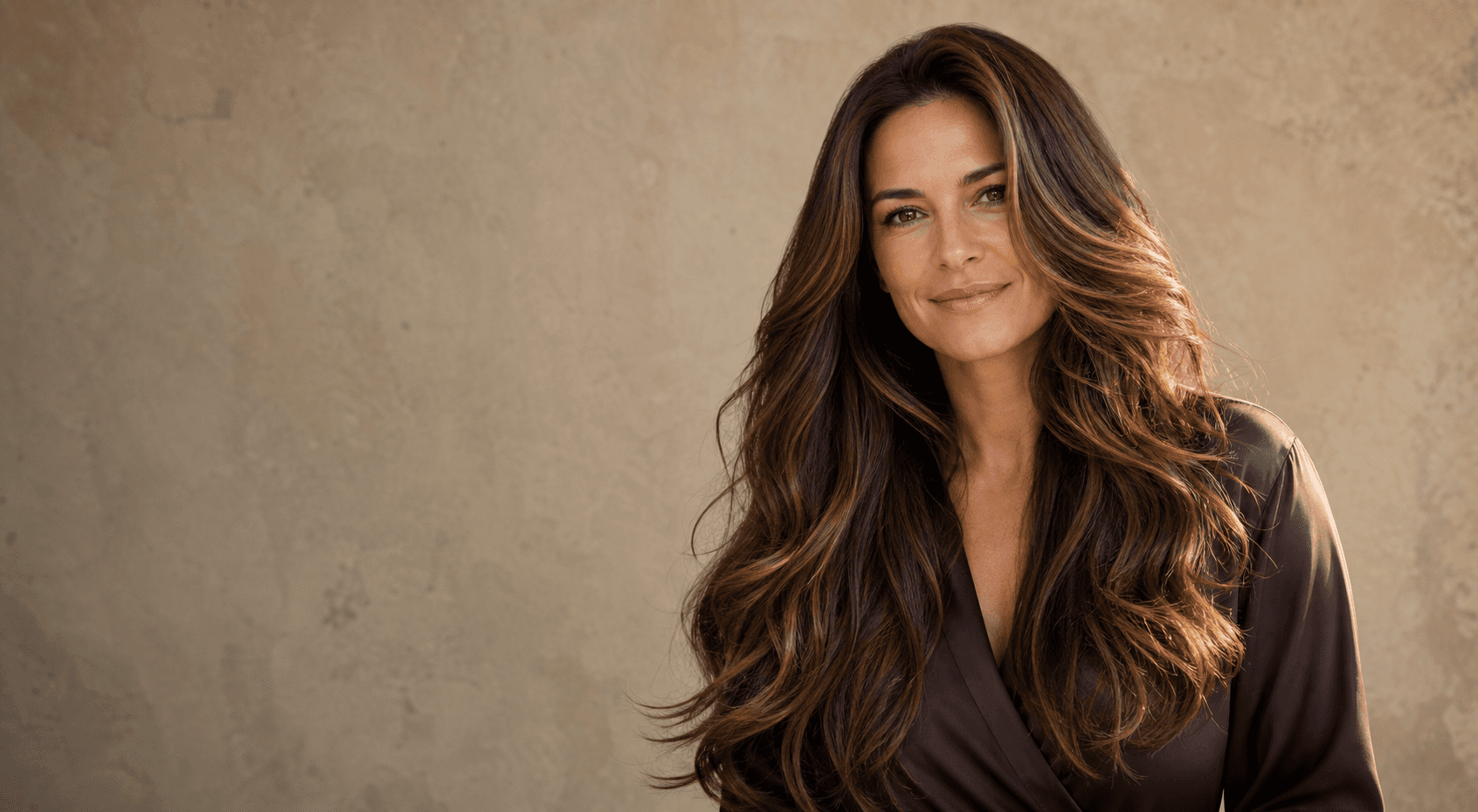 Confident woman with long dimensional brunette hair featuring chestnut, caramel, and honey tones
