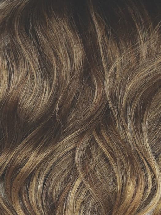 Caffe Macchiato | Dark brown root with light brown medium brown and honey blonde blend with blond tips color swatch by Orchid